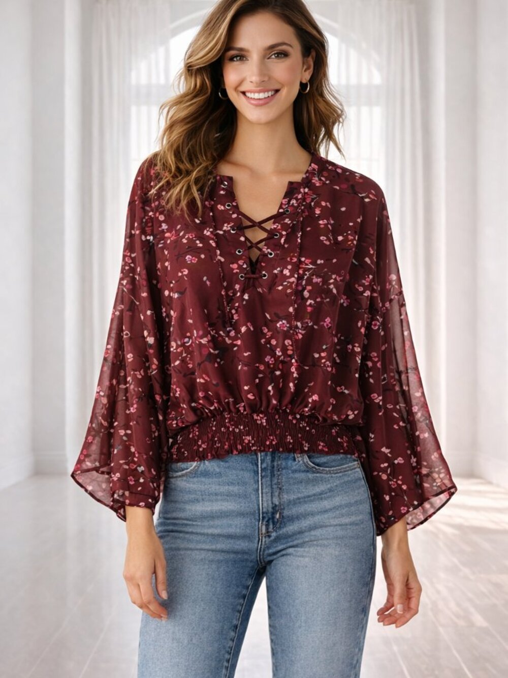 Express Boho Sheer Floral Tie Neck Batwing Sleeve Top Elastic Waist Medium